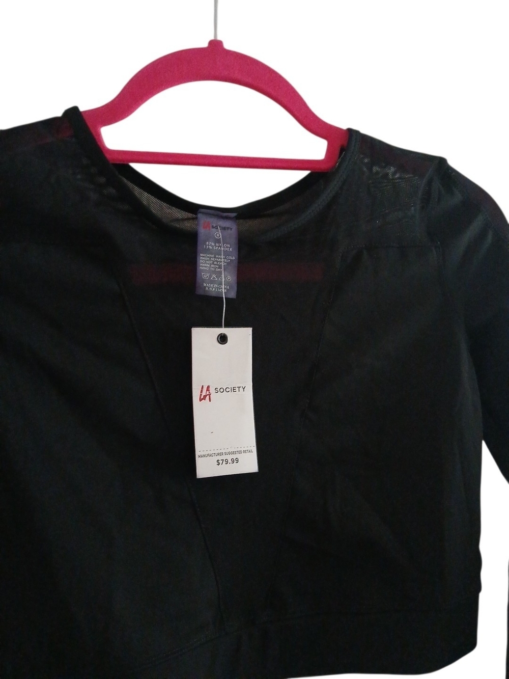 LA‎ Society Black Long Sleeve Sheer Mesh Detailing Crop Top Medium/NWT
